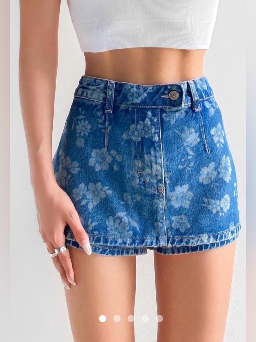 Free People Floral Print Peekaboo Denim Micro Mini Skort in Blue
